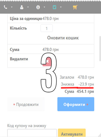 Активація коду купона на знижку у Кошику